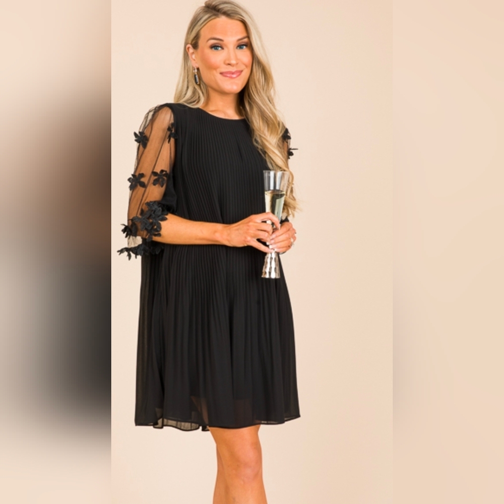Elegant Black Long Sleeve Dress with Floral Accents